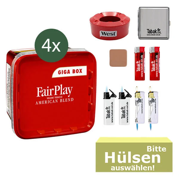 FairPlay Volumentabak 4 x Giga Box mit wählbarem Zubehör und Windaschenbecher 