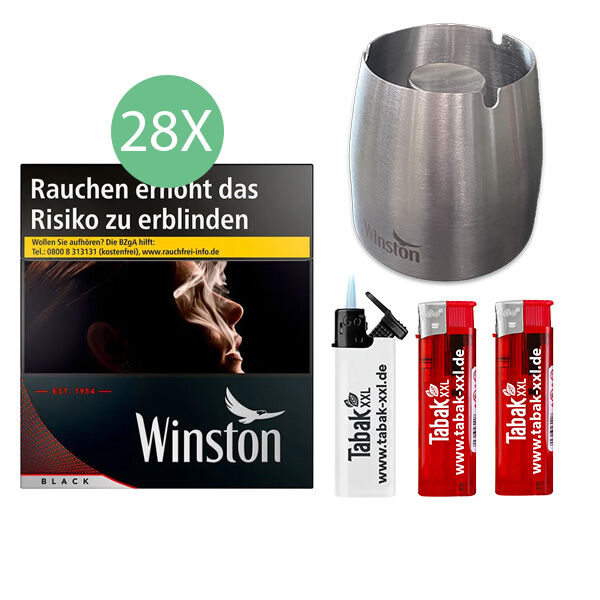 28x Winston Zigaretten Black 5XL 2x elektro Feuerzeuge 1x Sturmfeuerzeug 1x Metallaschenbecher