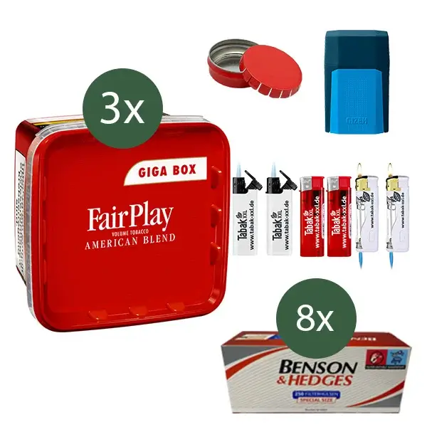 FairPlay Volumentabak 3 x Giga Box mit 2000 Special Size Filterhülsen und Etui 