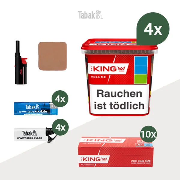 4x-king-volumentabak-blue-mit-king-huelsen 4x King Volumentabak Red Mega-Box mit 2000 King Size Filterhülsen