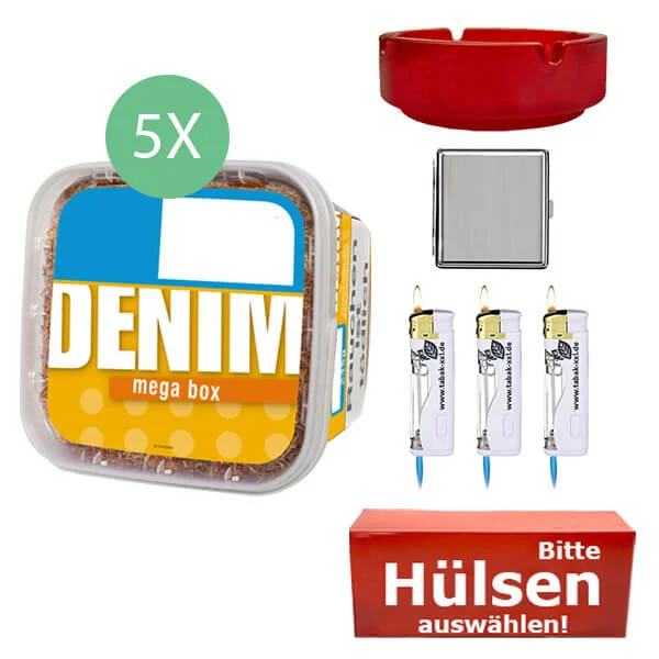 Denim Tabak 5 x Mega Box mit wählbaren Hülsen und Metall Etui Denim Tabak 5 x Mega Box mit wählbaren Hülsen und Metall Etui