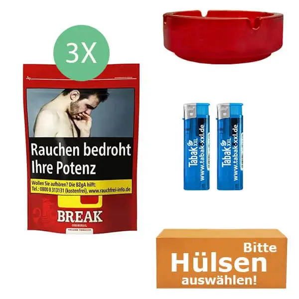 Break Original Volumentabak 3 x Beutel mit wählbaren Filterhülsen und Glasaschenbecher