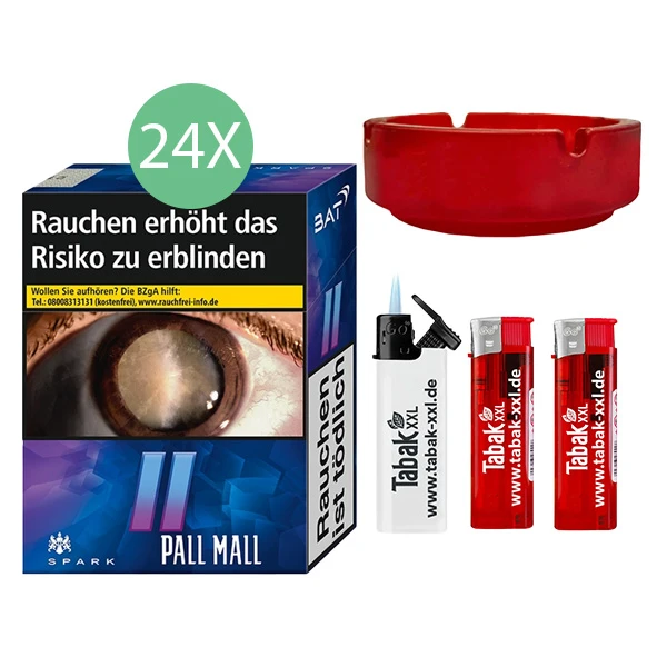 24x Pall Mall Zigaretten Spark Giga + 2x Elektro-Feuerzeuge + 1x Sturmfeuerzeug + 1x Aschenbecher