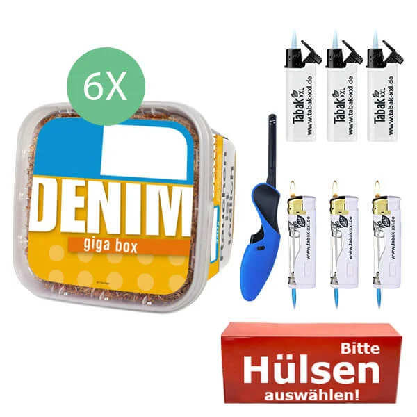 Denim Tabak 6 x Giga Box mit wählbaren Hülsen und BBQ Denim Tabak 6 x Giga Box mit wählbaren Hülsen und BBQ