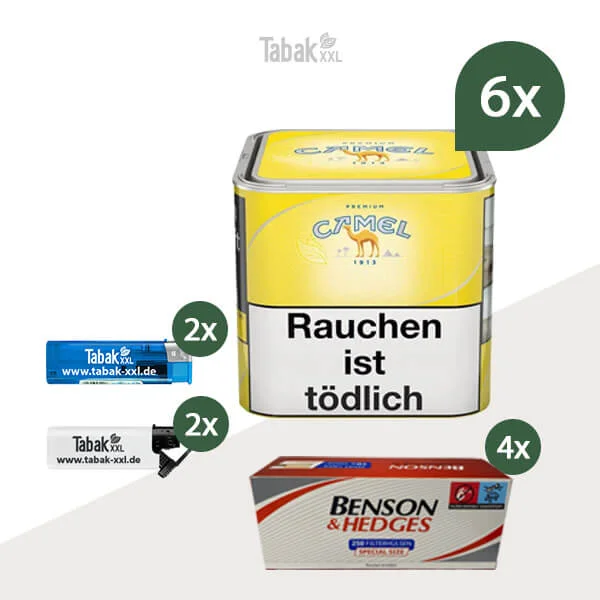 6x Camel Yellow Premium Zigarettentabak Dose mit Benson & Hedges Hülsen