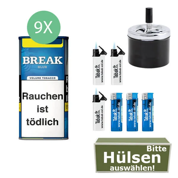 Break Tabak XXL Blue 9 x Dose mit wählbaren Hülsen und Drehaschenbecher Break Tabak XXL Blue 9 x Dose mit wählbaren Hülsen und Drehaschenbecher