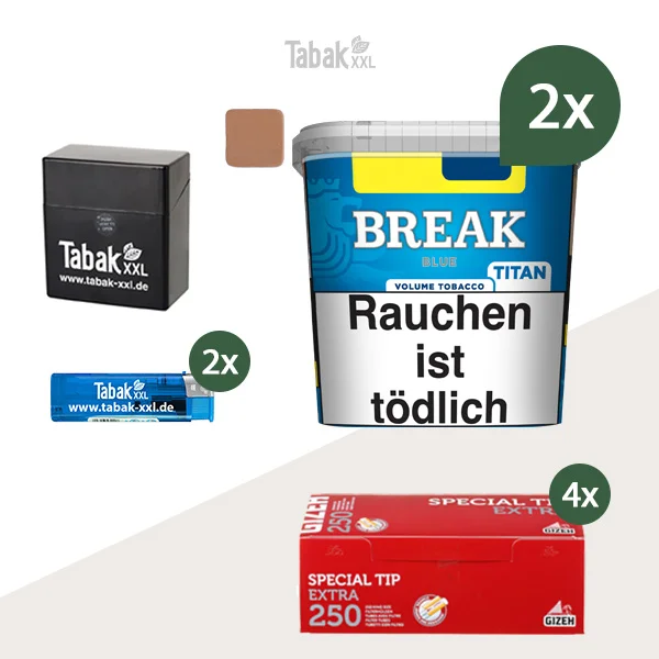 2x Break Volumentabak Blue Titan Box mit 1000 Special Tip Extra Size Hülsen 2x Break Volumentabak Blue Titan Box mit 1000 Special Tip Extra Size Hülsen