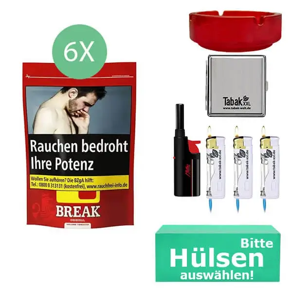 Break Original Volumentabak 6 x Beutel mit wählbaren Filterhülsen und Metall Etui