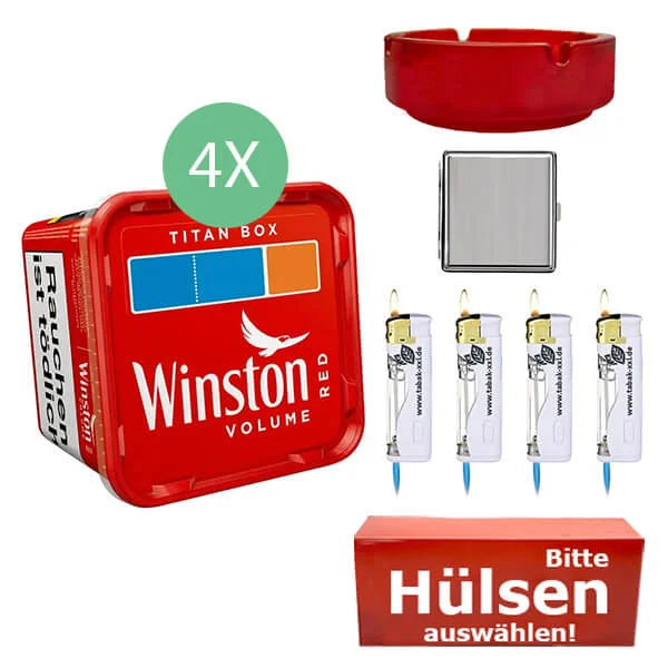 Winston Tabak Red 4 x Titan Box mit wählbaren Hülsen und Metall Etui