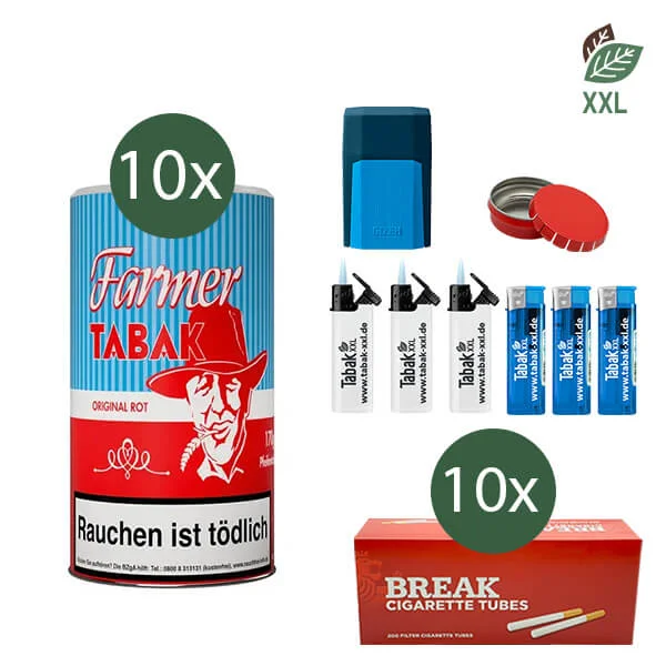 10x Farmer Pfeifentabak Red Dose mit 2000 Filterhülsen und Etui