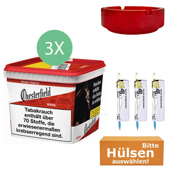 Chesterfield Tabak Red 3 x Giga Box mit wählbaren Hülsen und Glasaschenbecher Chesterfield Tabak Red 3 x Giga Box mit wählbaren Hülsen und Glasaschenbecher