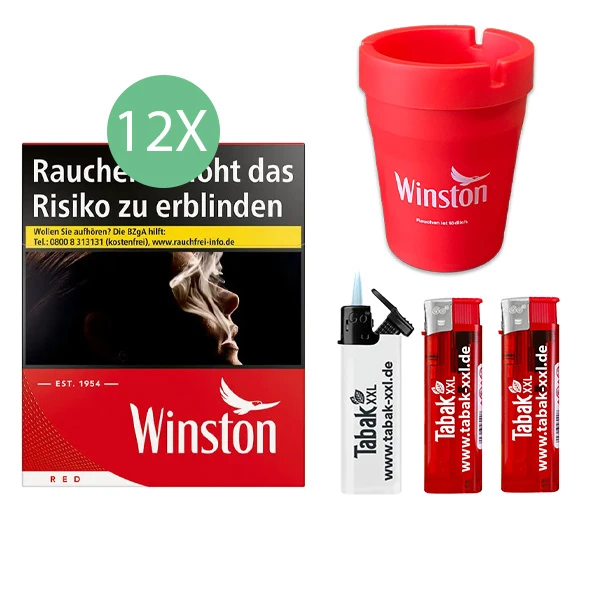 12x Winston Zigaretten Red 5XL 2x elektro Feuerzeuge 1x Sturmfeuerzeug 1x Auto-Aschenbecher