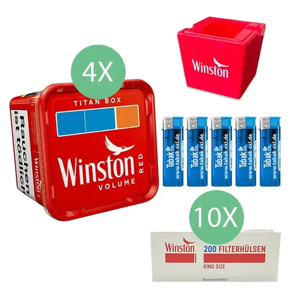 Winston Tabak Red 4 x Titan Box mit 2000 King Size Filterhülsen und Keramikaschenbecher