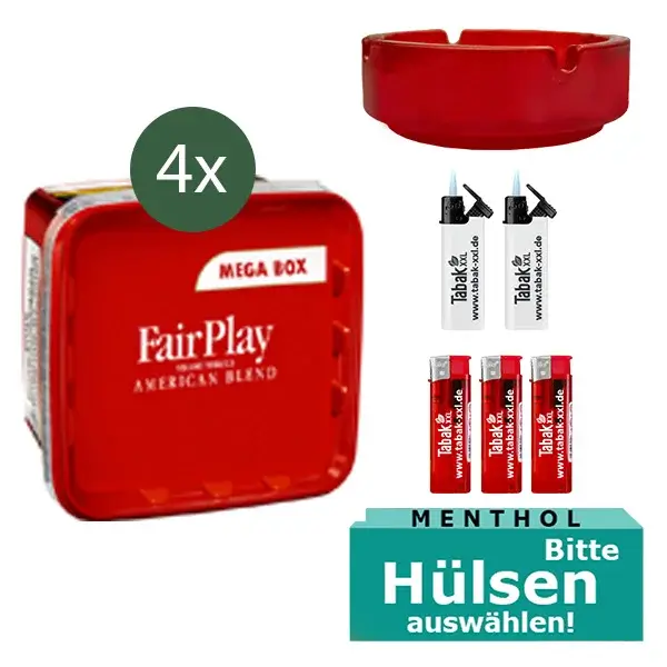 FairPlay Tabak 4 x Mega Box mit wählbarem Zubehör und Glasaschenbecher