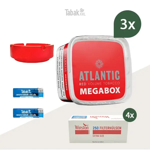 3x Atlantic Volumentabak Red Megabox mit 1000 Extra Size Hülsen und Glas Aschenbecher