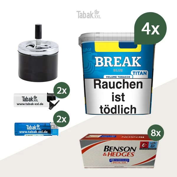 4x Break Volumentabak Blue Titan Box mit 2000 Special Size Hülsen 4x Break Volumentabak Blue Titan Box mit 2000 Special Size Hülsen