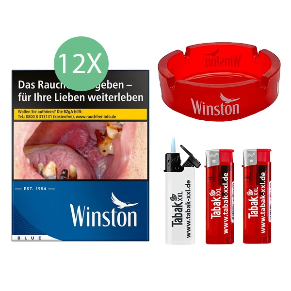 12x Winston Zigaretten Blue 5XL 2x elektro Feuerzeuge 1x Sturmfeuerzeug 1x Glasaschenbecher