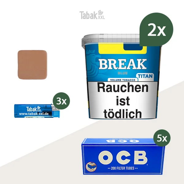 2x Break Volumentabak Blue Titan Box mit 1000 Filterhülsen und Tabakbefeuchter 2x Break Volumentabak Blue Titan Box mit 1000 Filterhülsen und Tabakbefeuchter