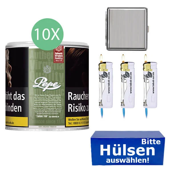 pepe_wahlbaren_hulsen_und_tf_dose 10 x Pepe Rich Green mit Hülsen und Metall Etui