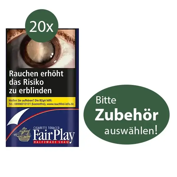 20 x FairPlay Drehtabak Halfzware Shag Blau Pouch mit wählbarem Zubehör