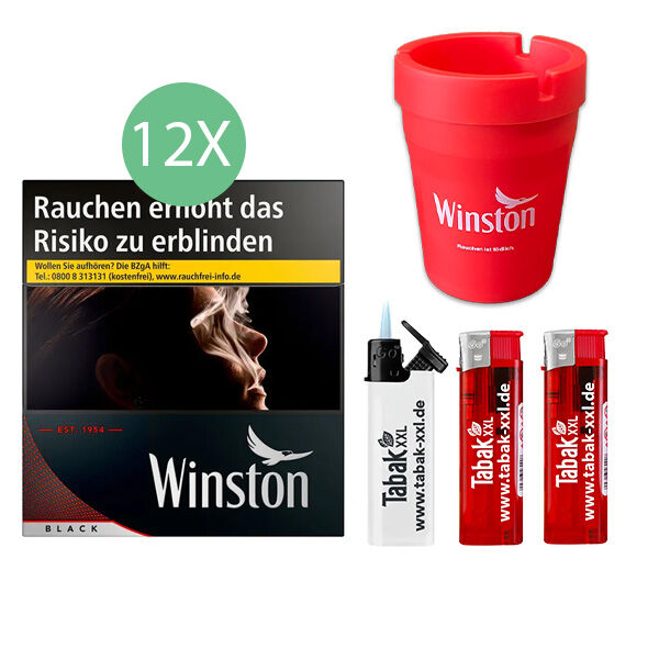 12x Winston Zigaretten Black 5XL 2x elektro Feuerzeuge 1x Sturmfeuerzeug 1x Auto-Aschenbecher