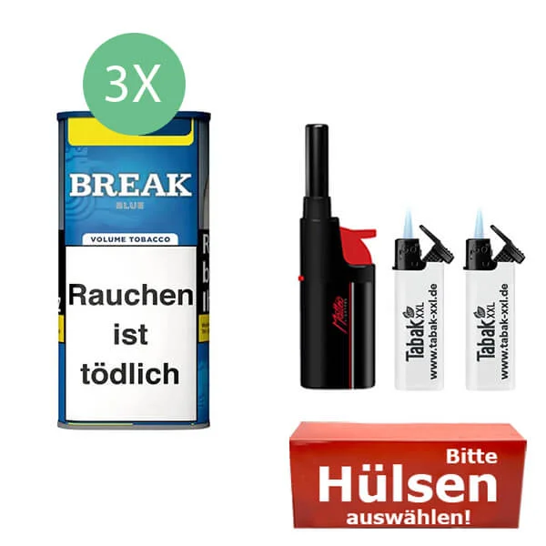 Break Tabak XXL Blue 3 x Dose mit wählbaren Hülsen und Stabfeuerzeug