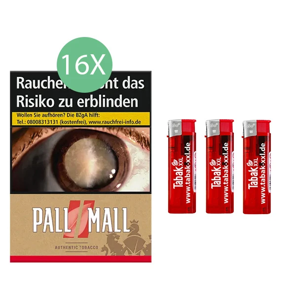 16x Pall Mall Zigaretten Authentic Red Giga + 3x Elektro-Feuerzeuge