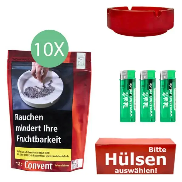 Convent Tabak Red 10 x Beutel mit wählbaren Hülsen und Glasaschenbecher Convent Tabak Red 10 x Beutel mit wählbaren Hülsen und Glasaschenbecher