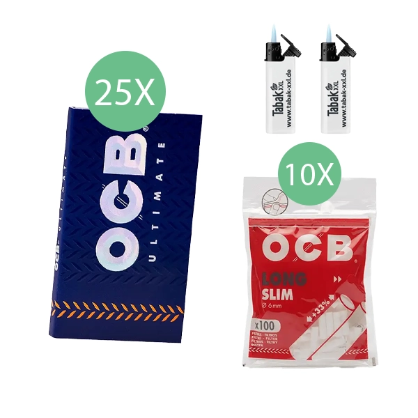 25x-ocb-blaettchen-ultimate-double-100-blatt-+-10x-ocb-long-slim-filter-+-2x-sturmfeuerzeuge 25x-ocb-blaettchen-ultimate-double-100-blatt-+-10x-ocb-long-slim-filter-+-2x-sturmfeuerzeuge