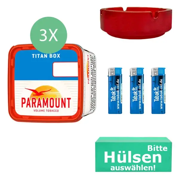 Paramount Volumentabak Red 3 x Titan Box mit wählbarem Zubehör und Glasaschenbecher