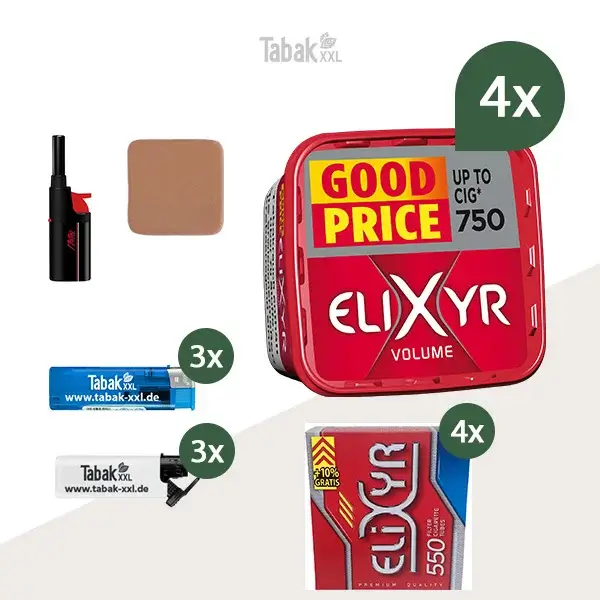 4x Elixyr Volumentabak Red / Rot Eimer mit 2200 Hülsen und Tabakbefeuchter