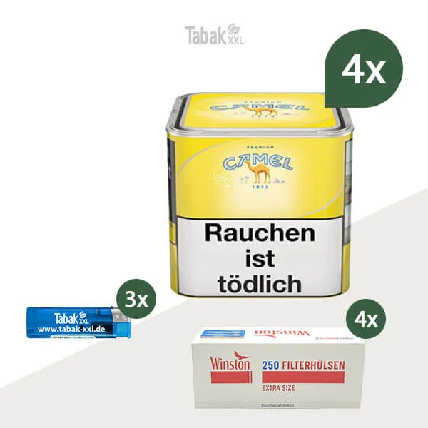 4x Camel Yellow Premium Zigarettentabak Dose mit Extra Size Hülsen