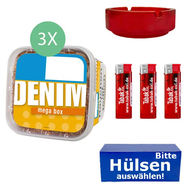 Denim Tabak 3 x Mega Box mit wählbaren Hülsen und Glasaschenbecher Denim Tabak 3 x Mega Box mit wählbaren Hülsen und Glasaschenbecher