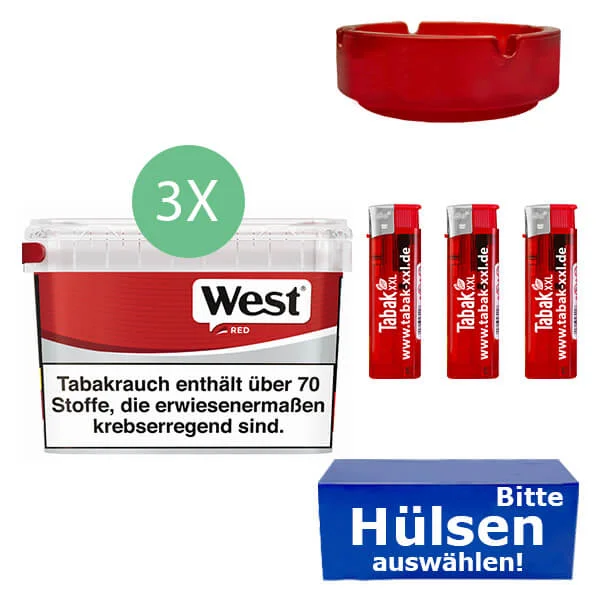 West Tabak Red 3 x Mega Box mit wählbaren Hülsen und Glasaschenbecher