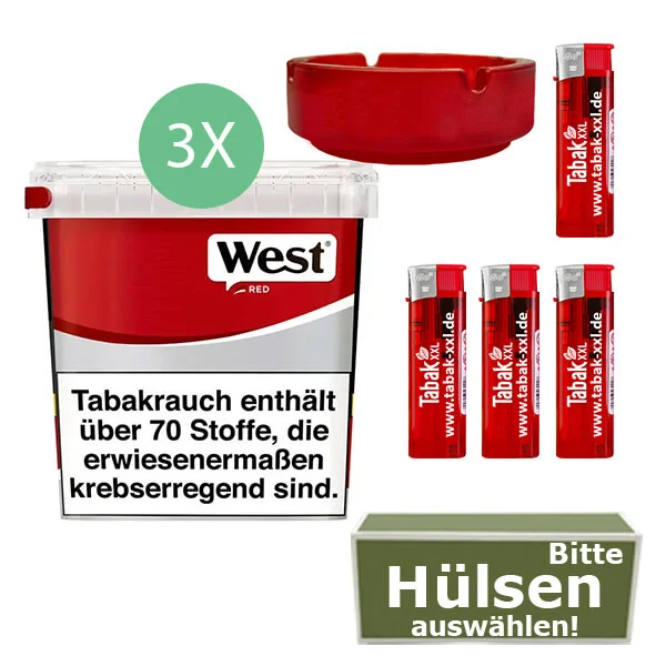 West Tabak Red 3 x Giga Box mit wählbaren Filterhülsen und Aschenbecher West Tabak Red 3 x Giga Box mit wählbaren Filterhülsen und Aschenbecher