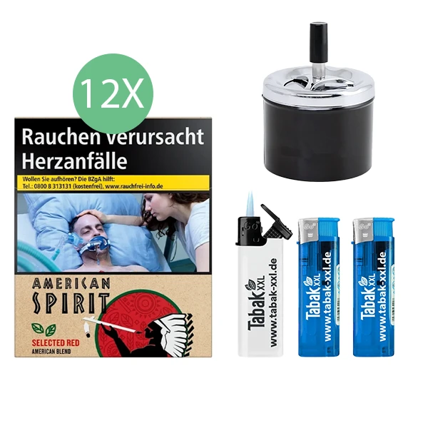 12x American Spirit Zigaretten Red American Blend Big Pack 5XL + 3x Feuerzeuge und Aschenbecher