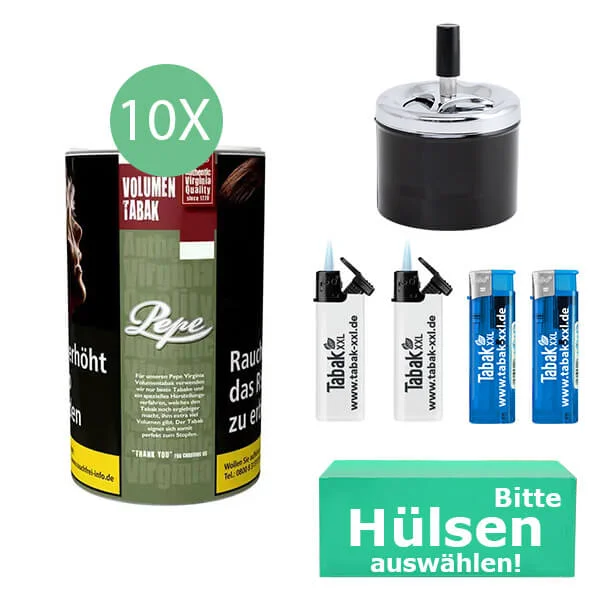 Pepe Tabak Rich Green 10 x Dose XXL mit wählbaren Hülsen und Aschenbecher Pepe Tabak Rich Green 10 x Dose XXL mit wählbaren Hülsen und Aschenbecher