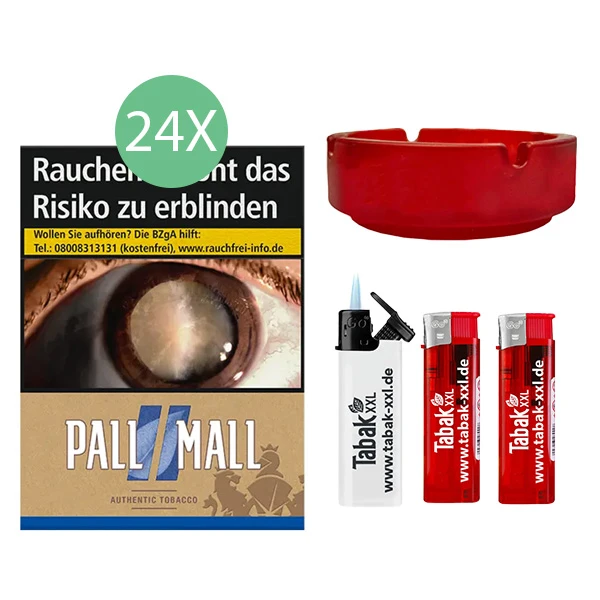 24x Pall Mall Zigaretten Authentic Blue Giga + 2x Elektro-Feuerzeuge + 1x Sturmfeuerzeug + 1x Aschenbecher