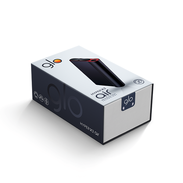Die Glo Hyper Air in der Farbe Space Navy in der Verpackung horizontal plus gratis Sticks