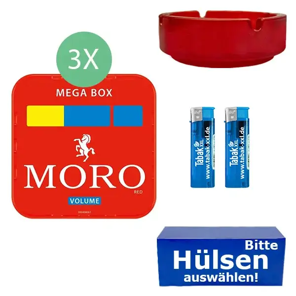 Moro Tabak 3 x Mega Box mit wählbaren Hülsen und Glasaschenbecher