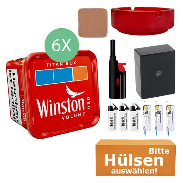 Winston Tabak Red 6 x Titan Box mit wählbaren Hülsen und Stabfeuerzeug Winston Tabak Red 6 x Titan Box mit wählbaren Hülsen und Stabfeuerzeug