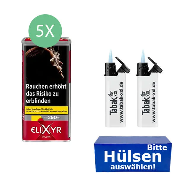 Elixyr Volumentabak Red 5 x Dose mit wählbaren Hülsen und Sturmfeuerzeugen Elixyr Volumentabak Red 5 x Dose mit wählbaren Hülsen und Sturmfeuerzeugen