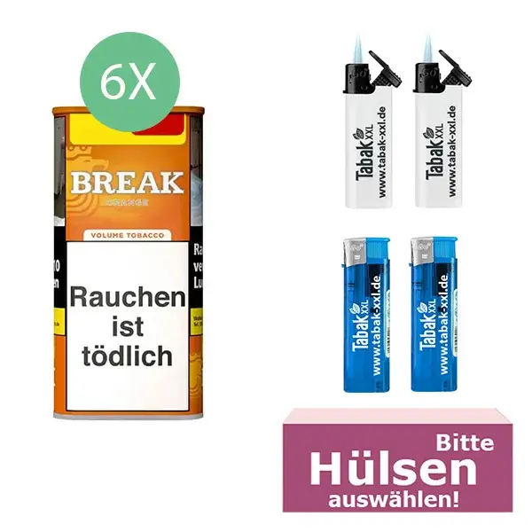 Break Tabak XXL Orange 6 x Dose mit wählbaren Hülsen und Feuerzeugen