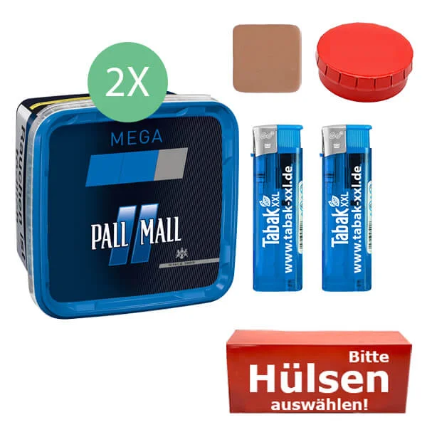 Pall Mall Tabak 2 x Mega Box Blue mit wählbaren Hülsen und Mini Aschenbecher