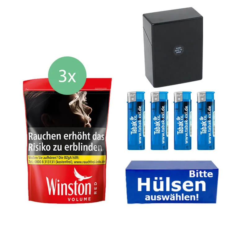 Winston Tabak Red 3 x Beutel mit wählbaren Hülsen und Etui Winston Tabak Red 3 x Beutel mit wählbaren Hülsen und Etui