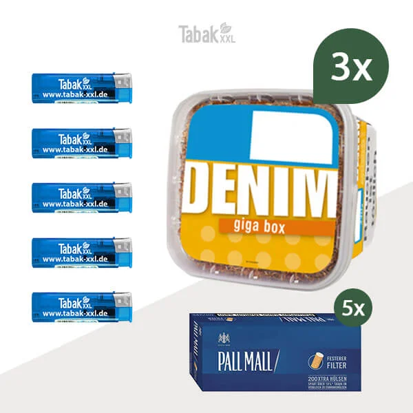 3x Denim Volumentabak Giga Box mit 2000 Red Xtra Hülsen