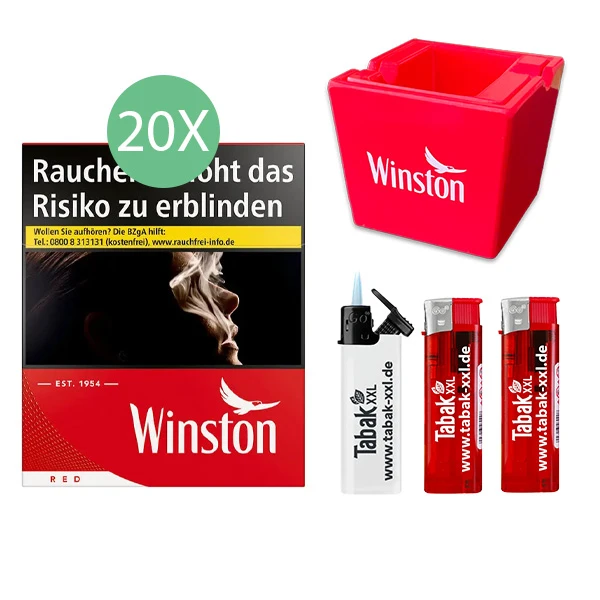 20x Winston Zigaretten Red 5XL 2x elektro Feuerzeuge 1x Sturmfeuerzeug 1x Keramikaschenbecher