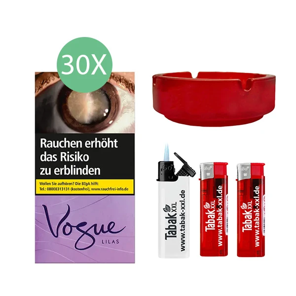 30x Vogue Zigaretten Lilas Original Pack + 2x Elektro-Feuerzeuge + 1x Sturmfeuerzeug + 1x Aschenbecher