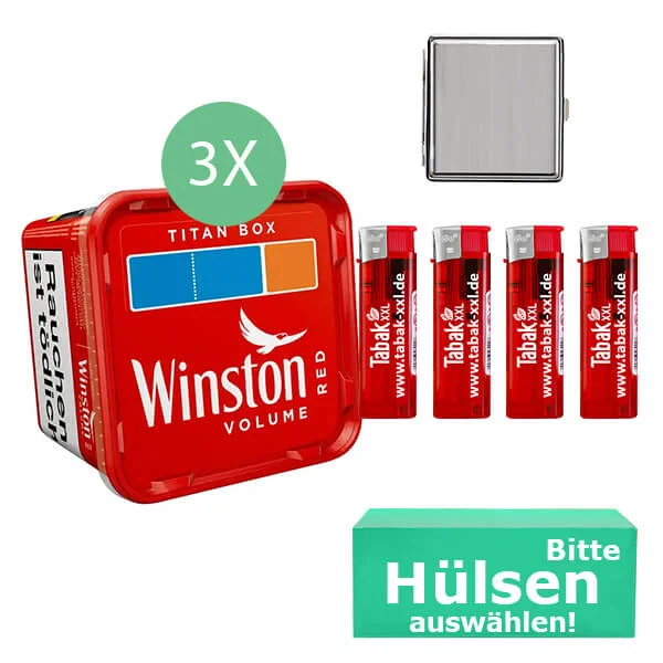 Winston Tabak Red 3 x Titan Box mit Wählbaren Hülsen und Metall Etui