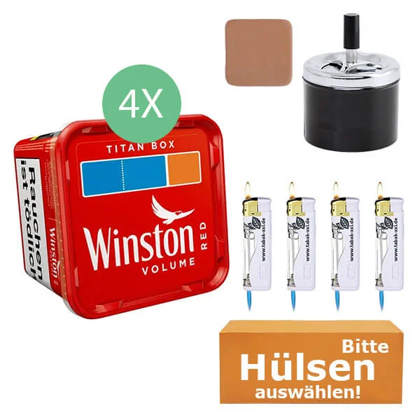 Winston Tabak Red 4 x Titan Box mit wählbaren Hülsen und Drehaschenbecher